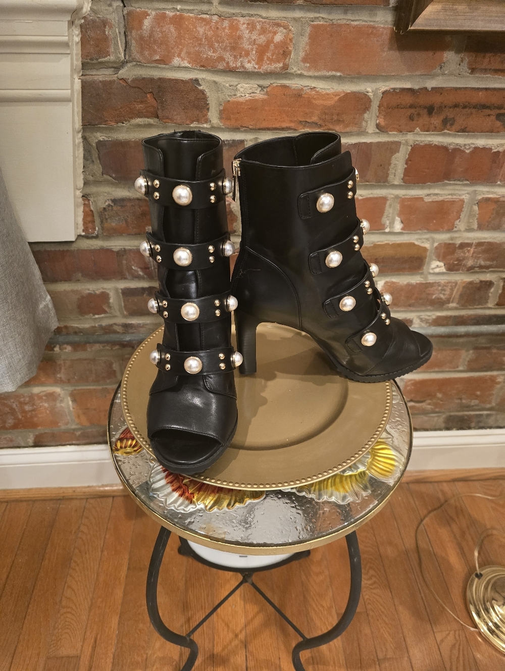 Karl Lagerfeld Black Pearl-Embellished  Heeled Bootied Women Never Worn